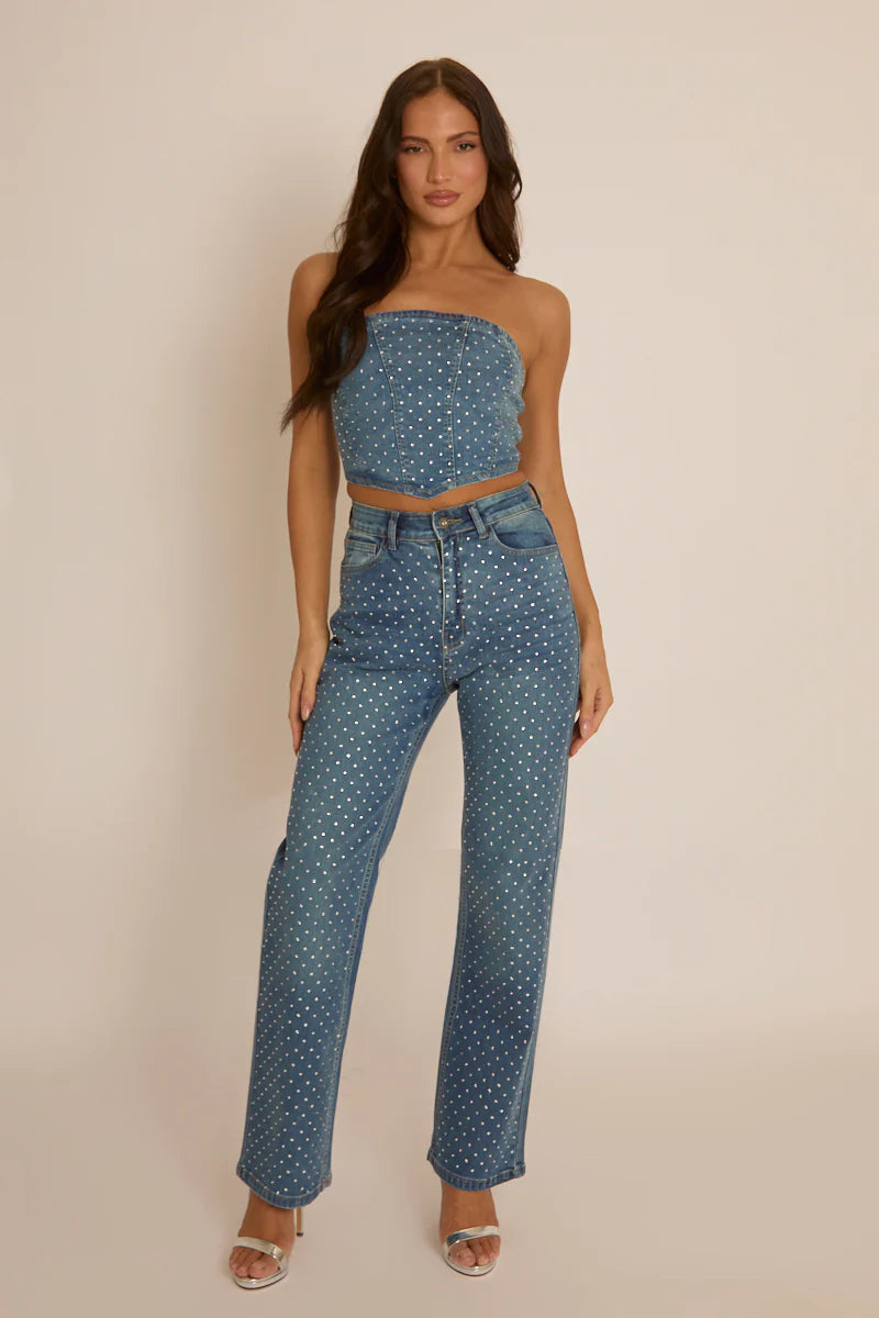 DIAMANTE STUDDED FRONT STRAIGHT LEG DENIM JEANS