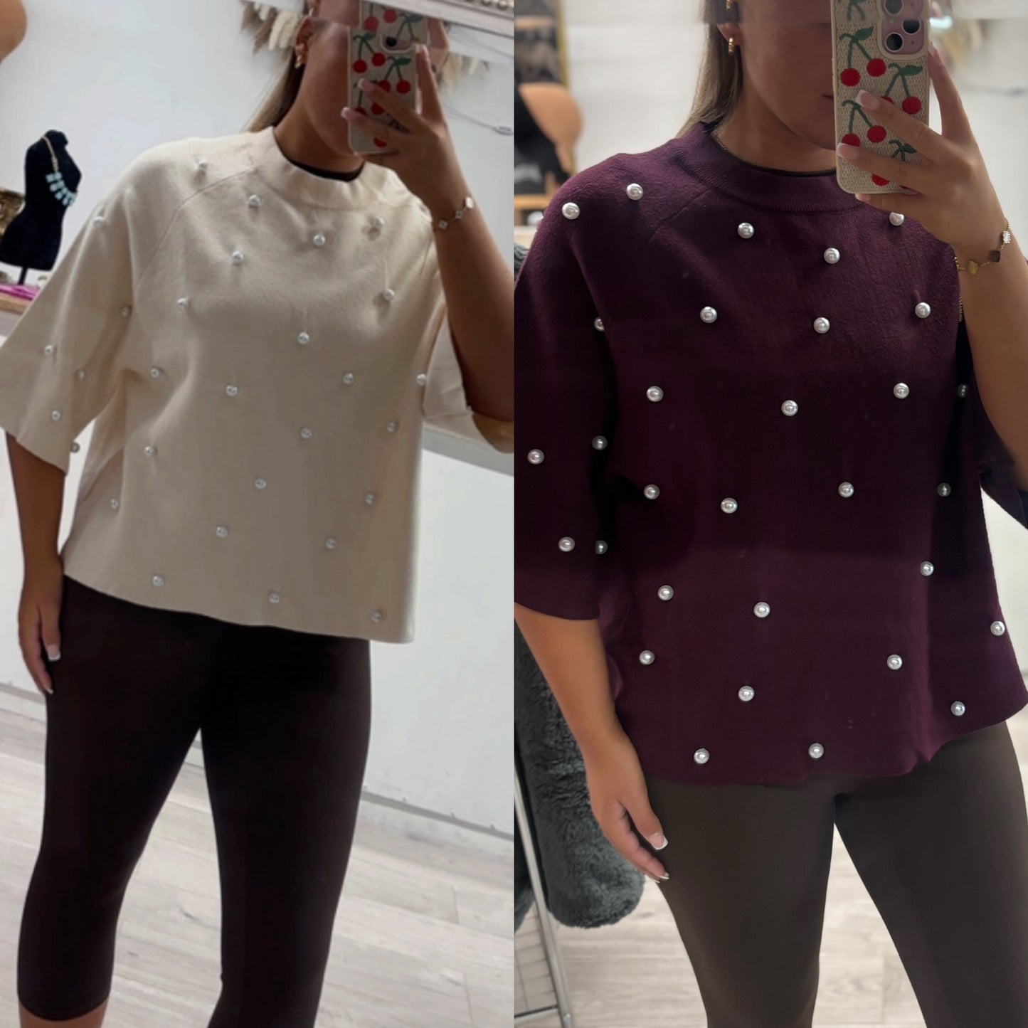 Pearl embellished three quarter sleeve jumpers