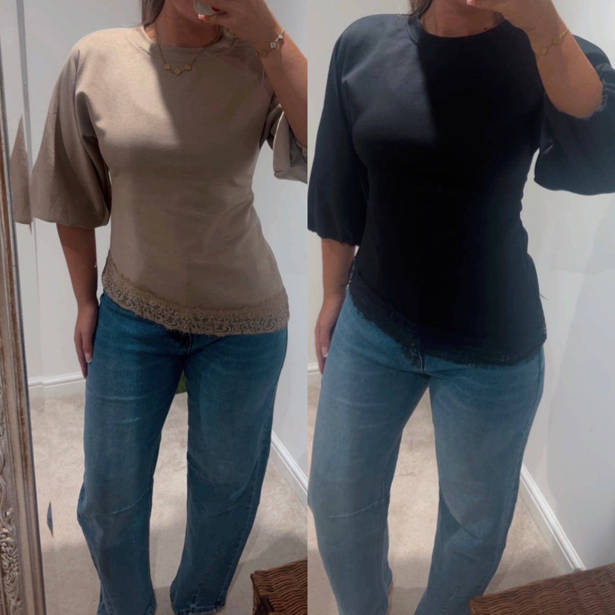 asymmetrical lace trim balloon sleeve jumper