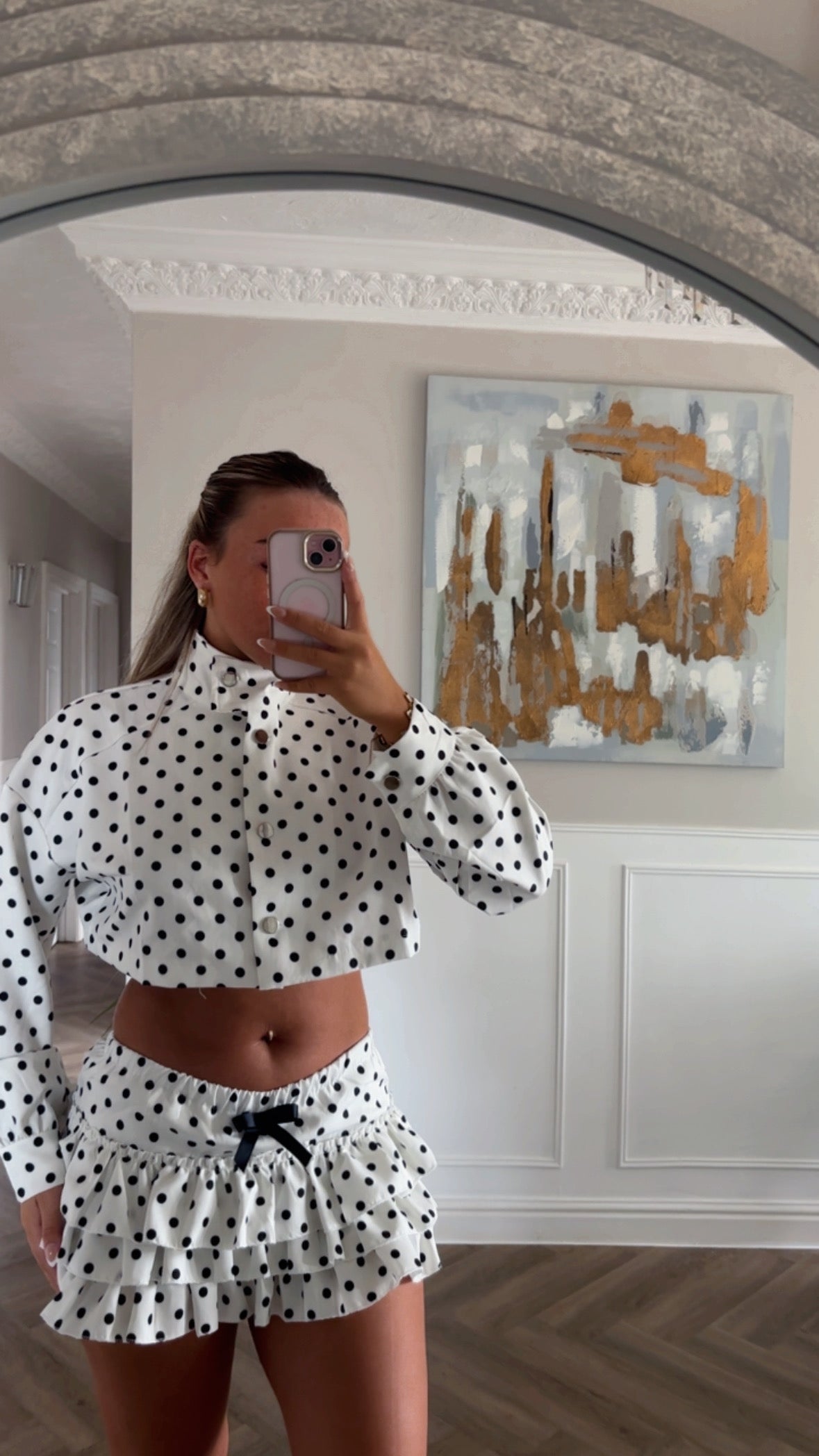 Polka dot jacket and skort set