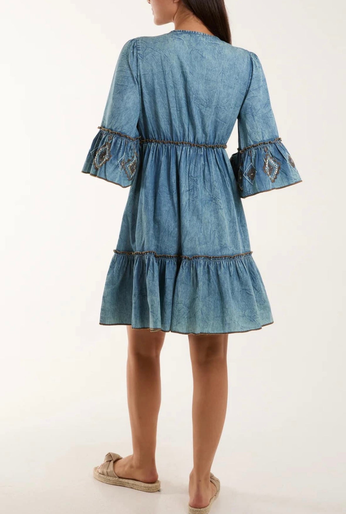 EMBROIDERED TASSEL DENIM DRESS