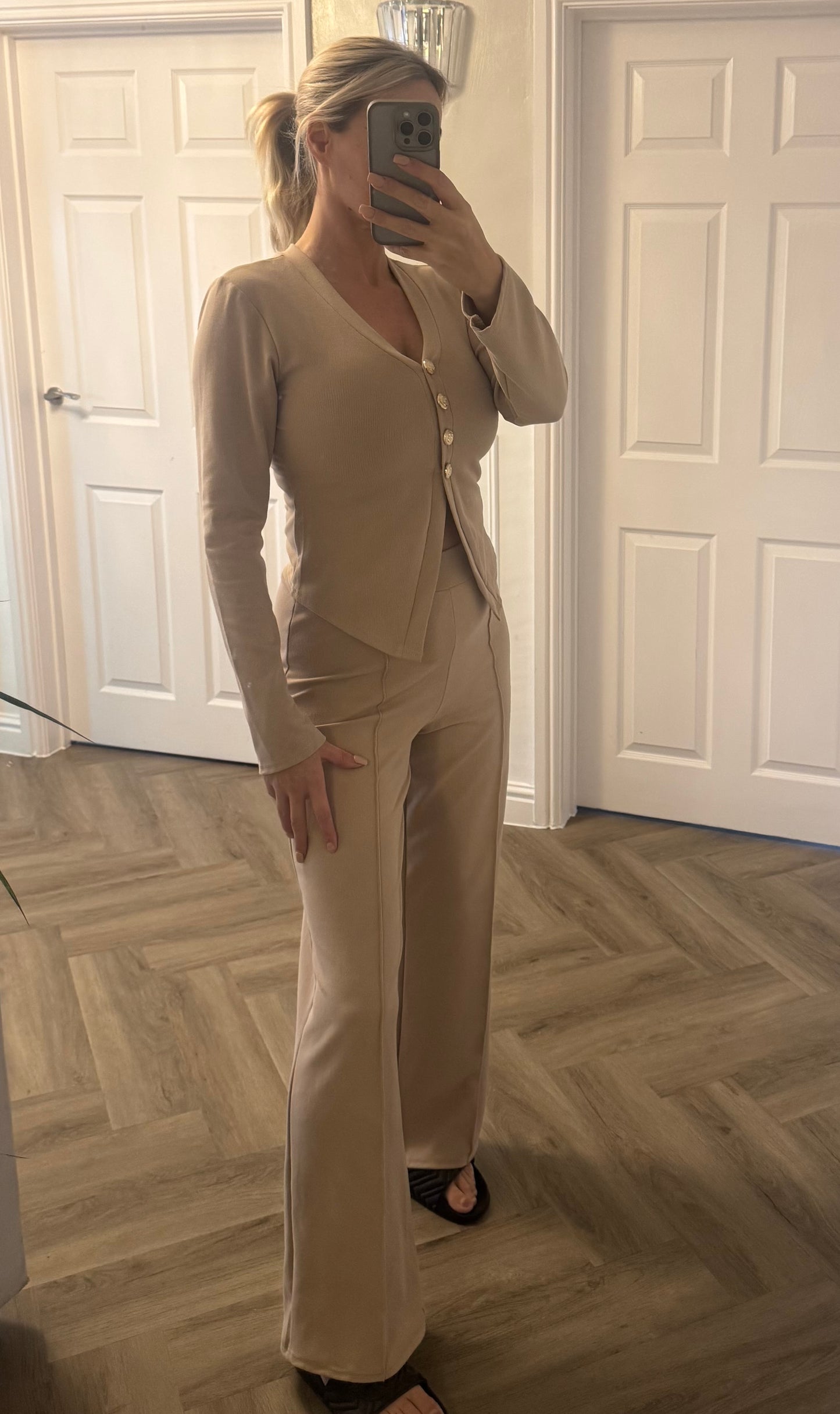 Gold button up top with straight leg trousers co ord