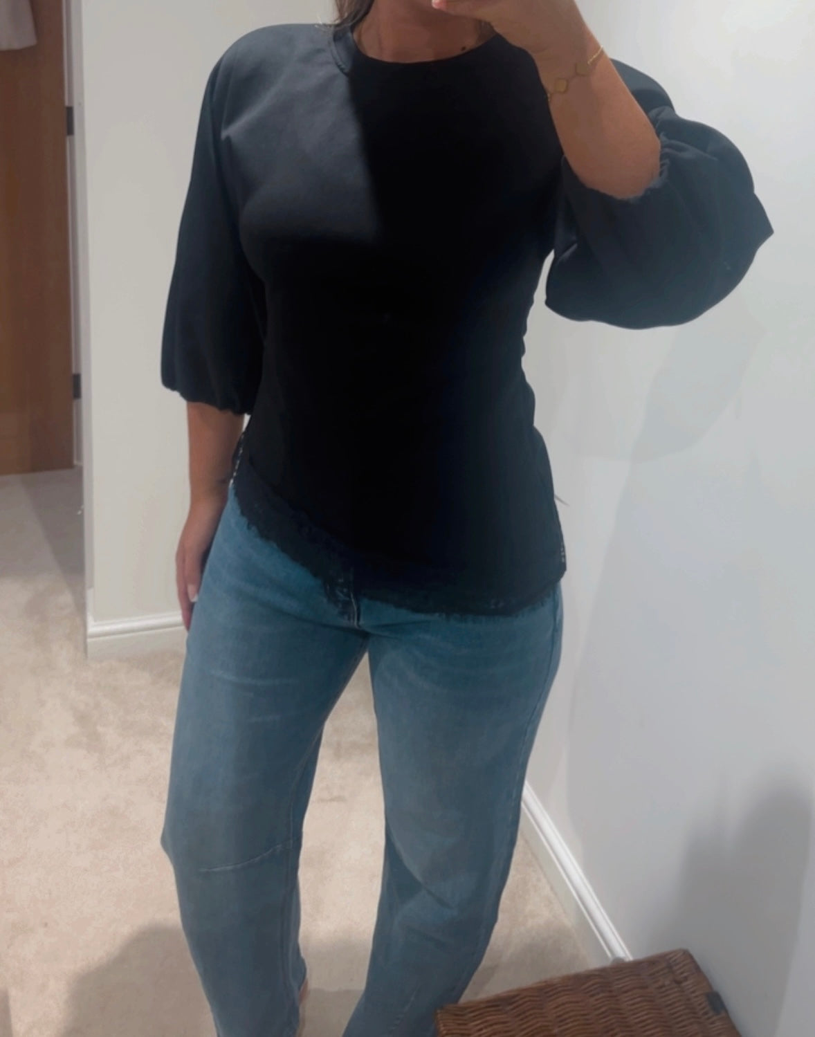 asymmetrical lace trim balloon sleeve jumper