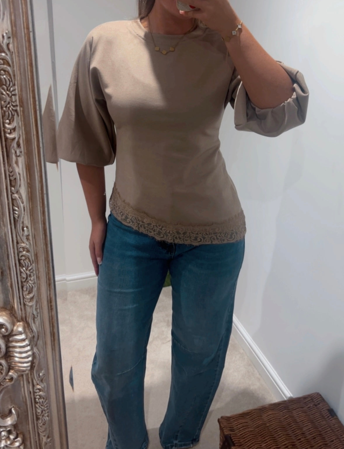 asymmetrical lace trim balloon sleeve jumper