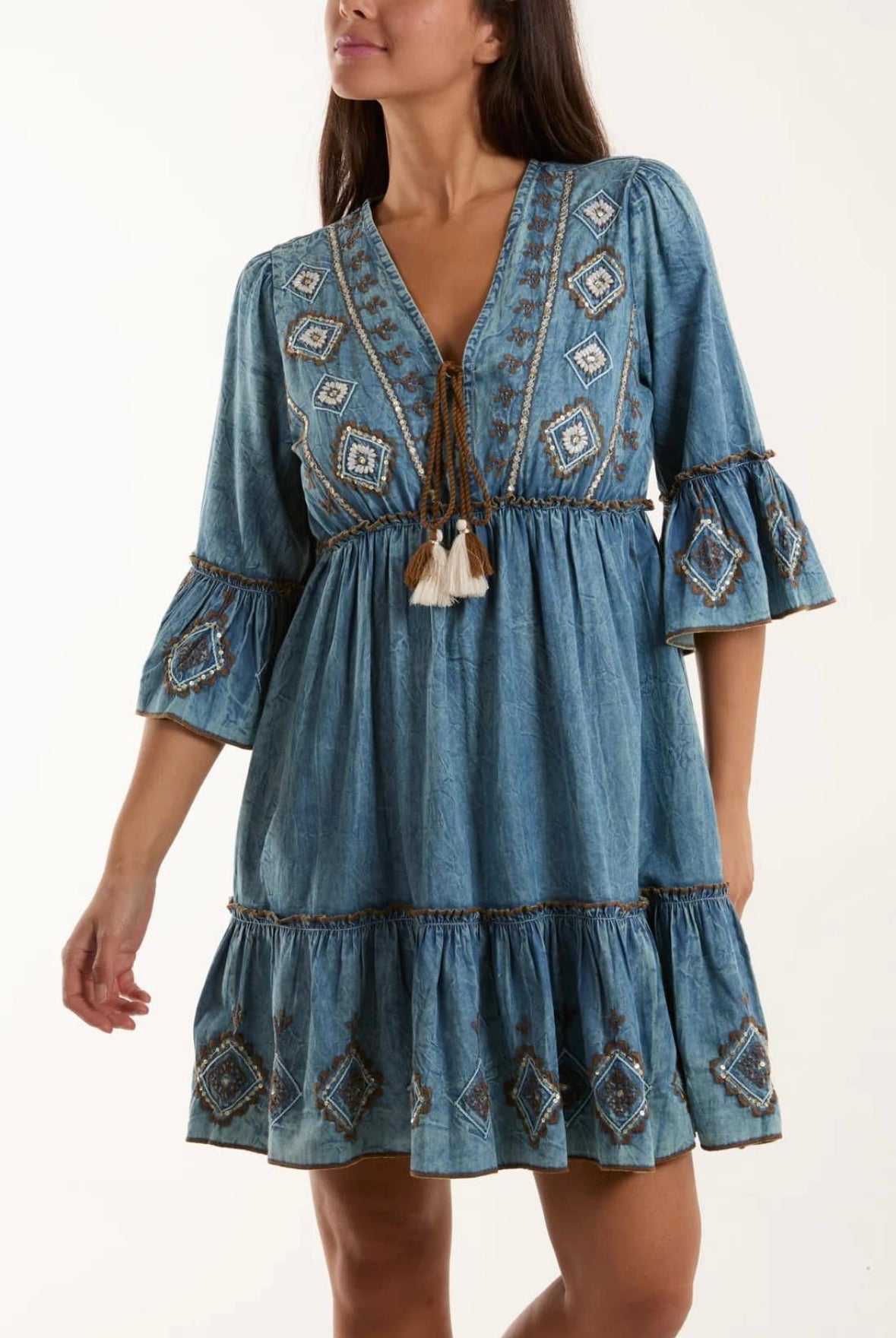 EMBROIDERED TASSEL DENIM DRESS