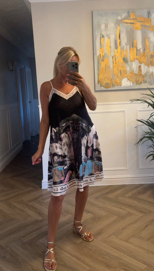 SATIN CAMI BORDER PRINT MINI DRESS