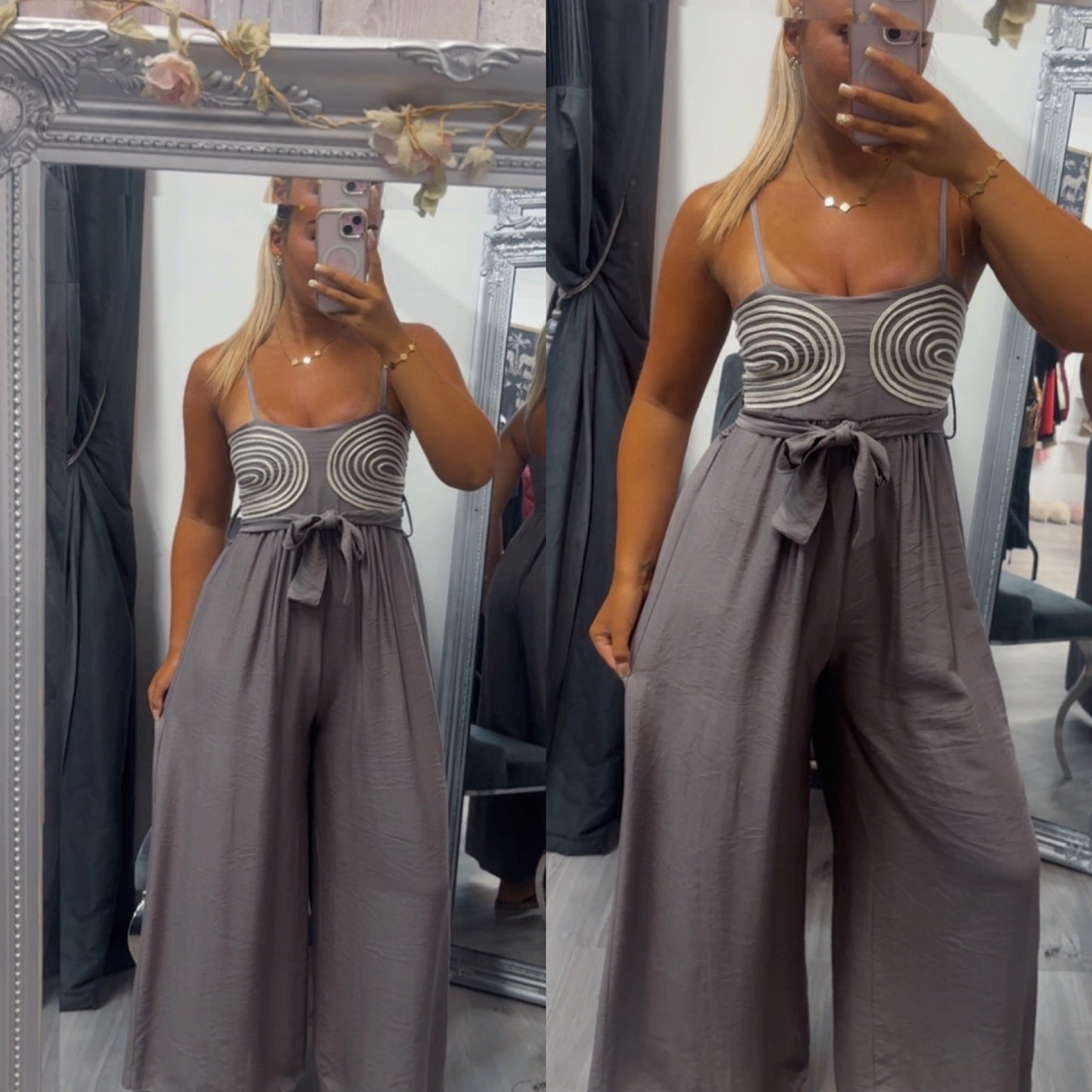 Embroidery belted jumpsuit