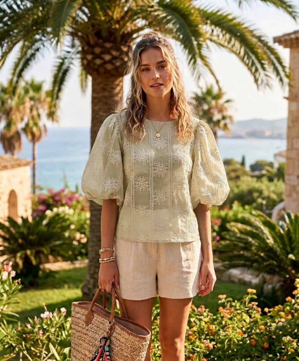Puff sleeve embroidery top