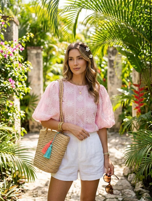 Puff sleeve embroidery top
