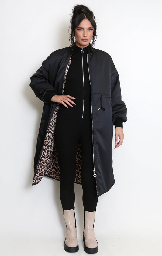 Black Leopard Insert Longline Bomber Jacket