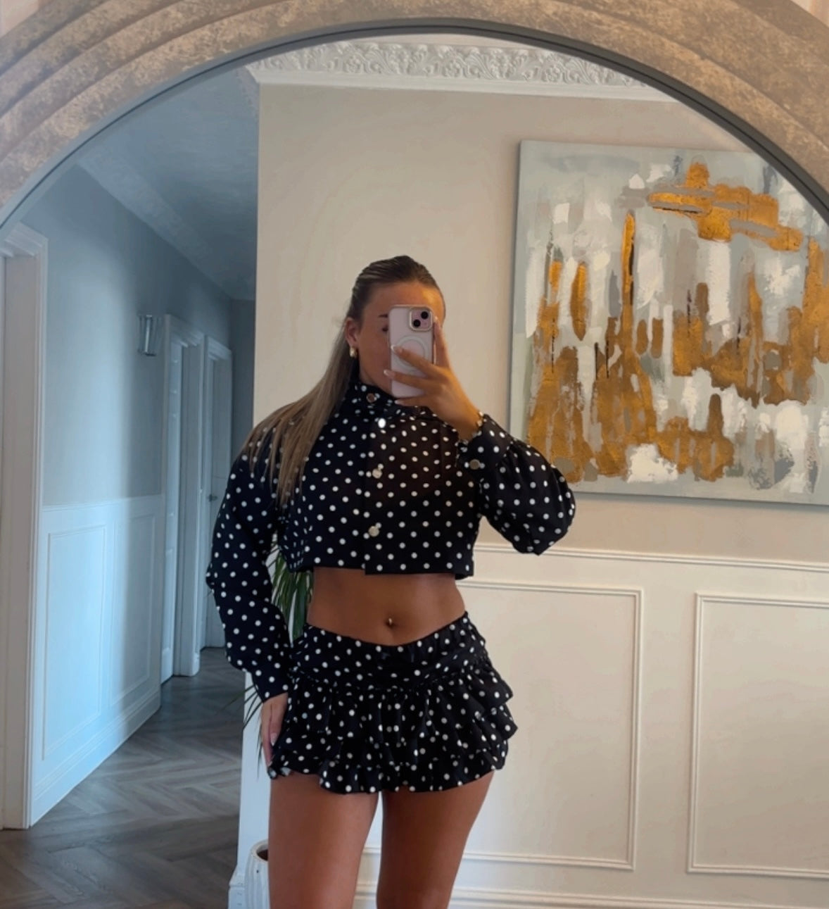 Polka dot jacket and skort set