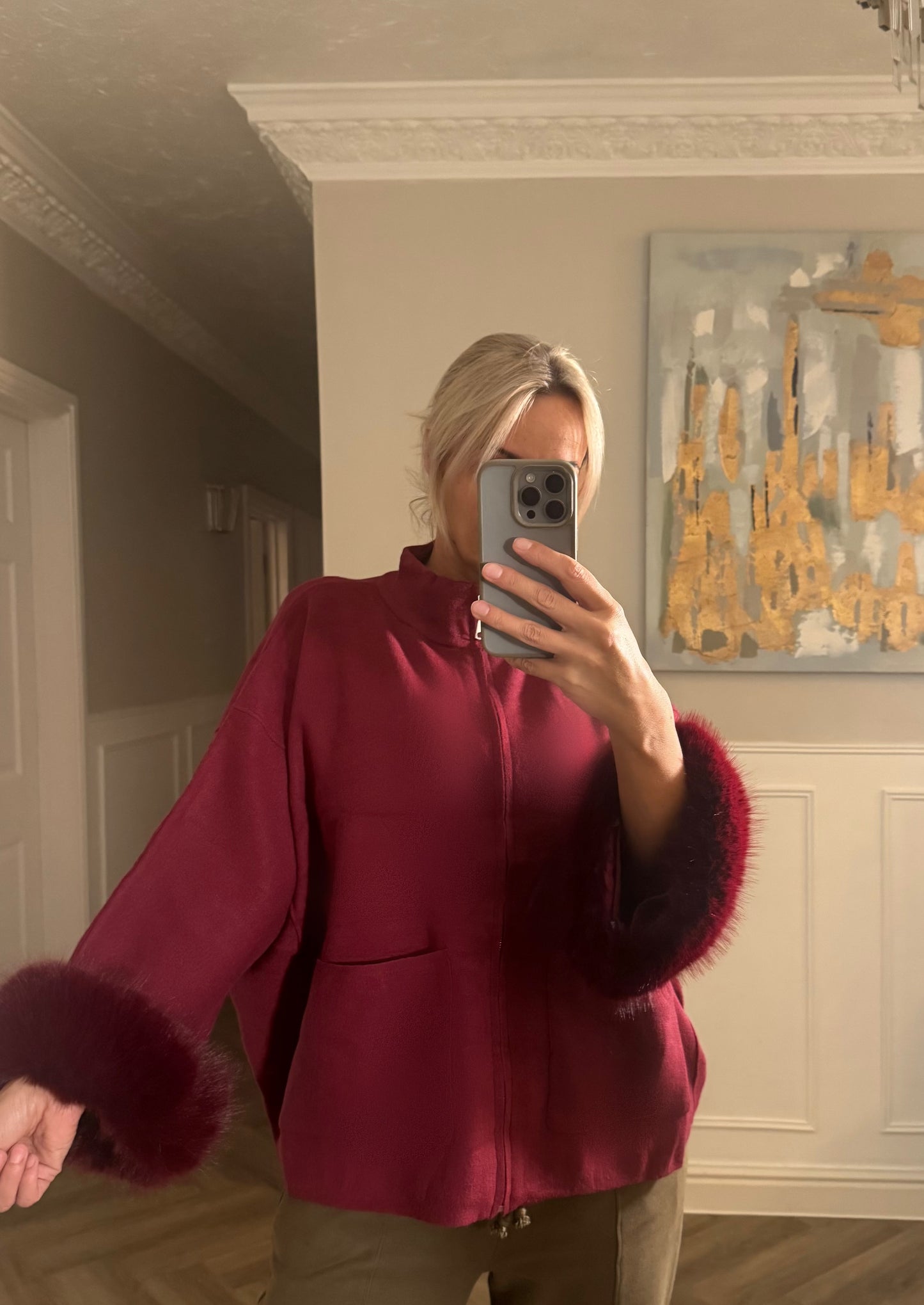 Zip up jacket with faux furr cuffs