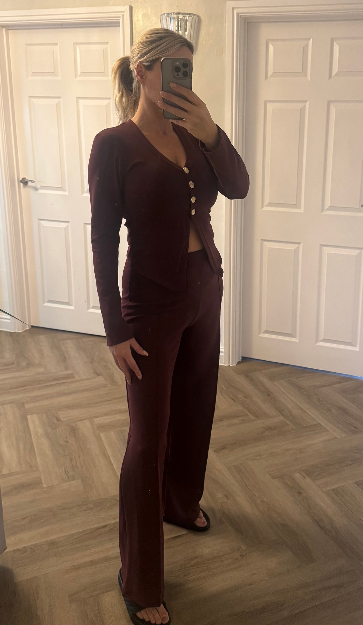 Gold button up top with straight leg trousers co ord