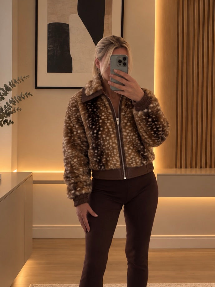 Fawn faux fur pu trim jacket