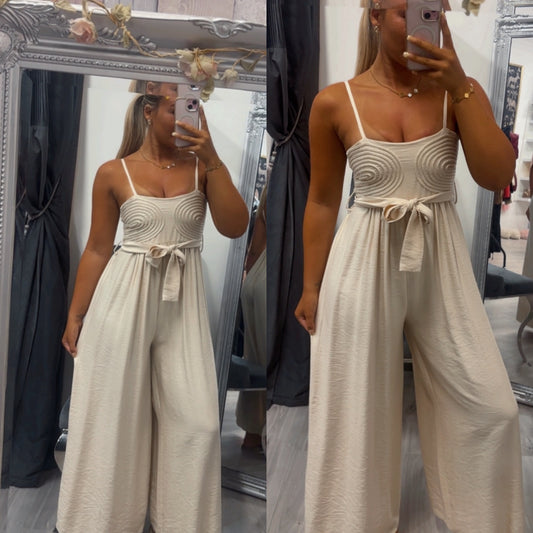 Embroidery belted jumpsuit