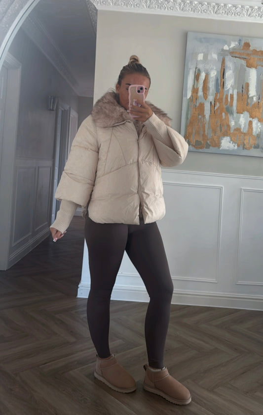 Faux fur knitted sleeve puffer jackets