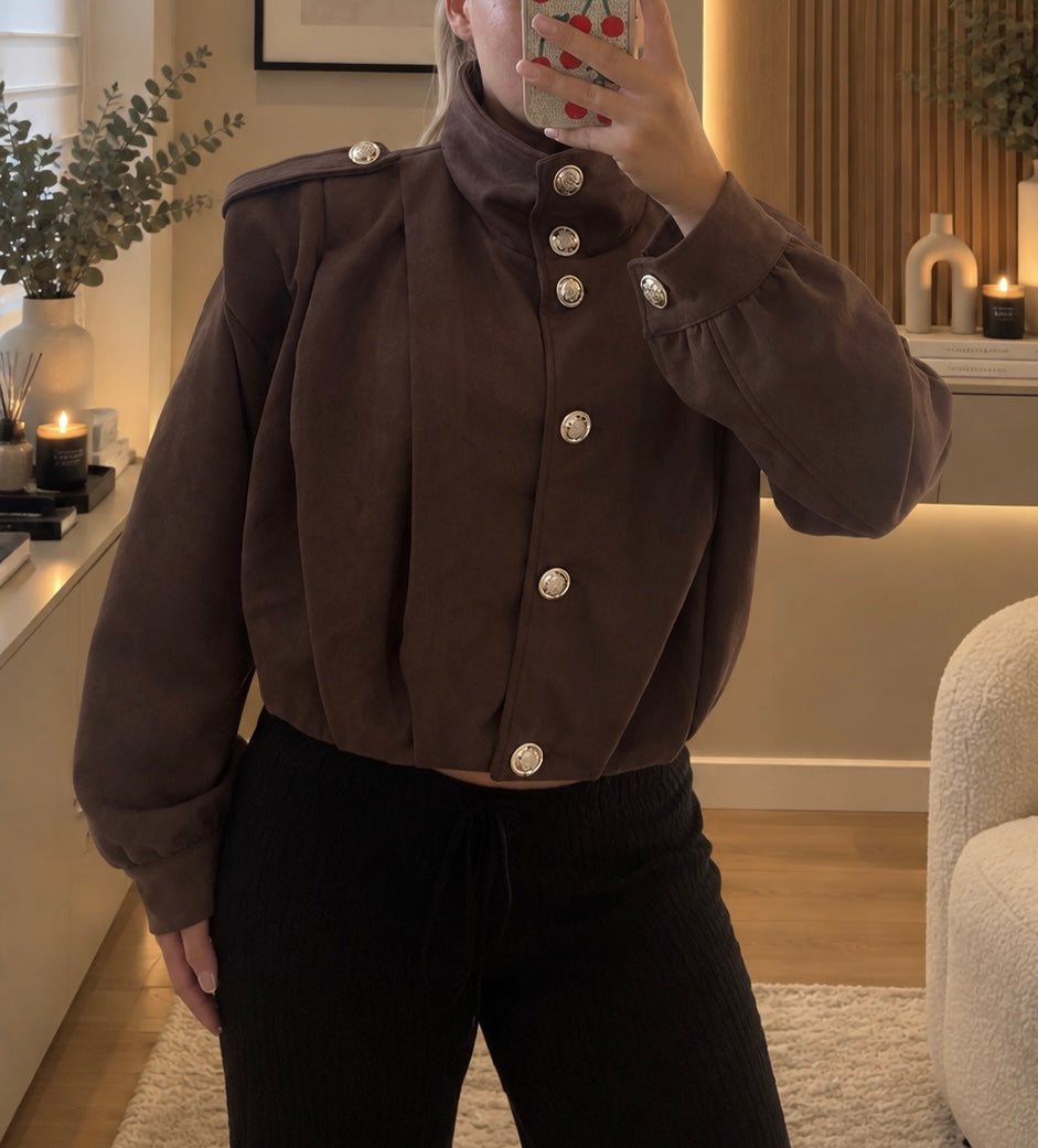 Suede shoulder padded cropped jacket