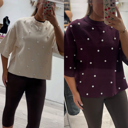 Pearl embellished three quarter sleeve jumpers