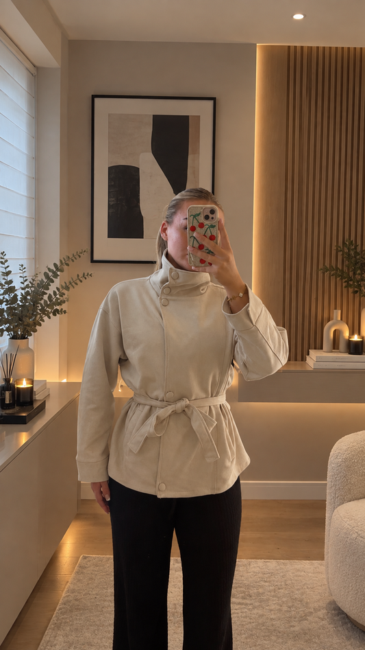 Suede funnel neck belted jacket