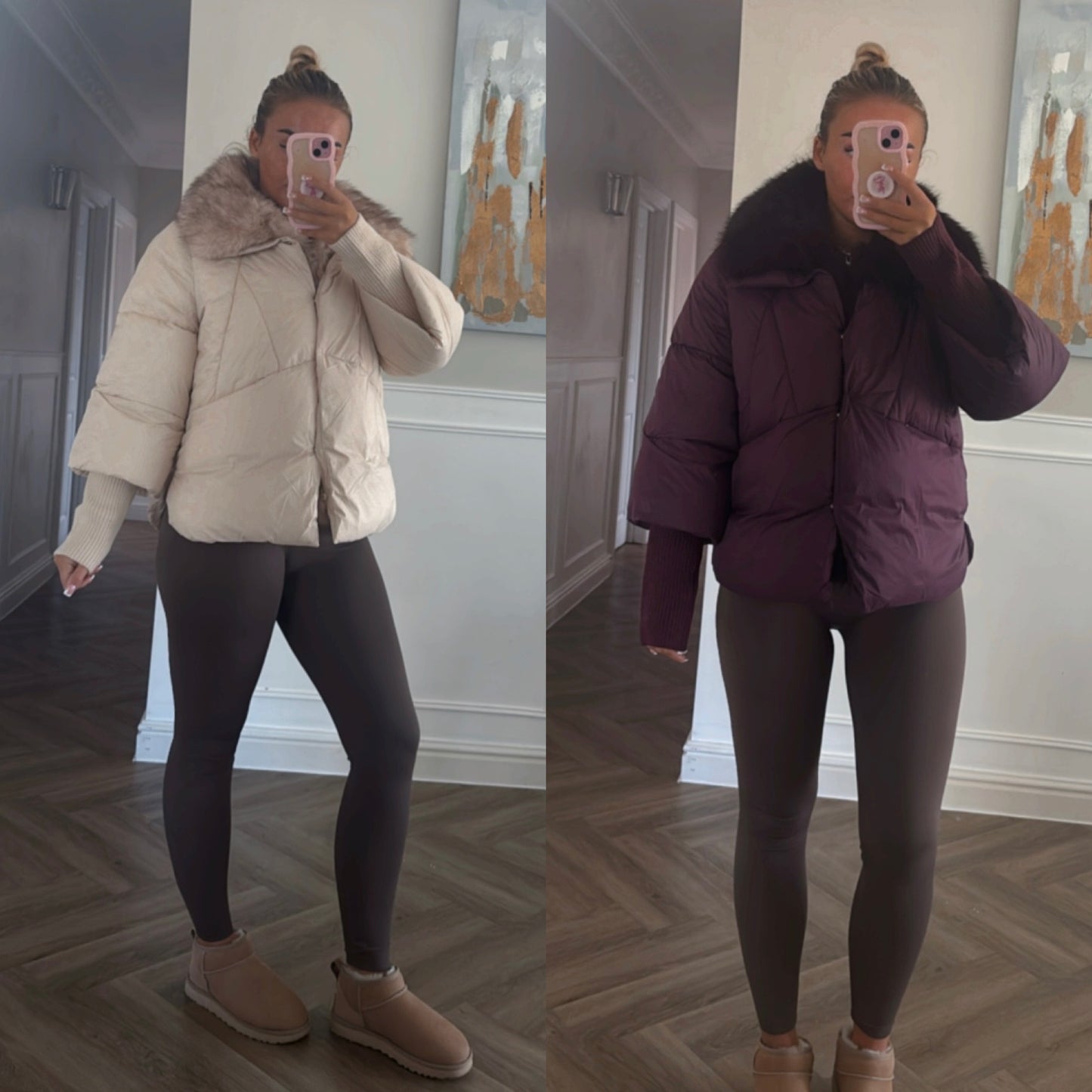 Faux fur knitted sleeve puffer jackets