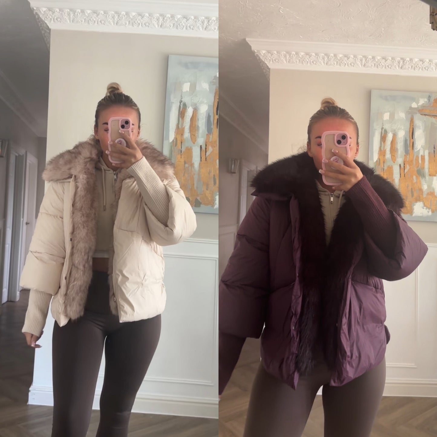 Faux fur knitted sleeve puffer jackets